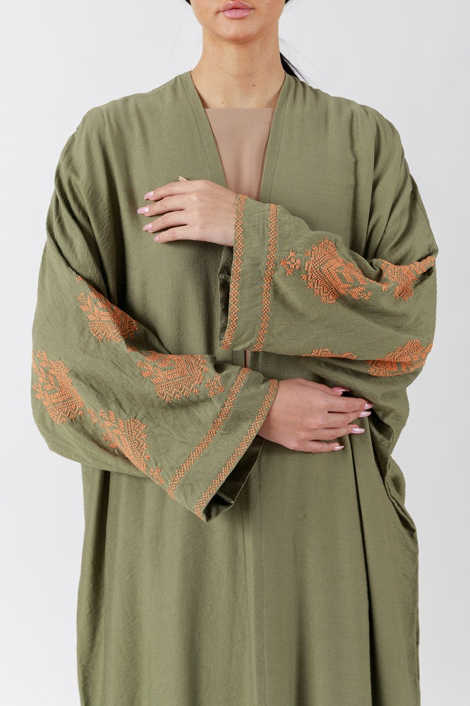 Handcrafted Cross Stitch Highlights Olive Green Abaya JDA003