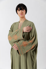 Handcrafted Cross Stitch Highlights Olive Green Abaya JDA003