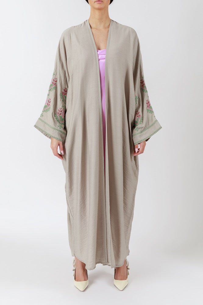 Handcrafted Multicolor Cross Stitch Highlights Light Gray Abaya JDA002