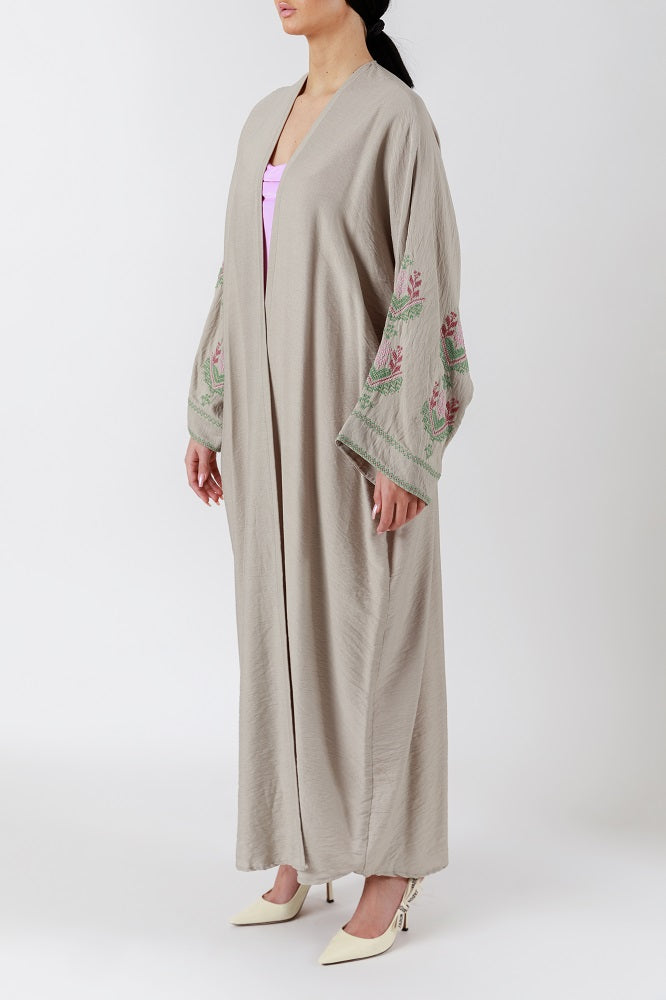 Handcrafted Multicolor Cross Stitch Highlights Light Gray Abaya JDA002