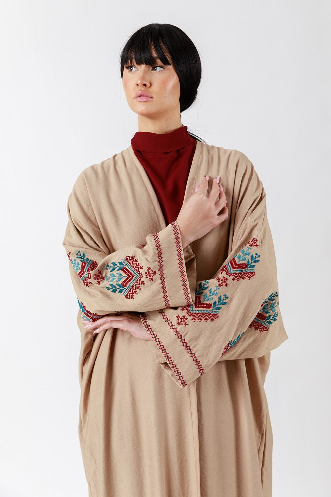 Handcrafted Multicolor Cross Stitch Highlights Brown Abaya JDA004