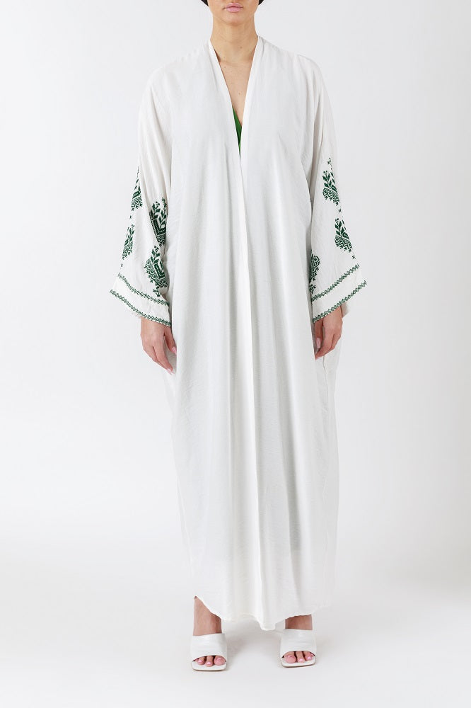 Handcrafted Green Cross Stitch Highlights Off-White Abaya JDA001