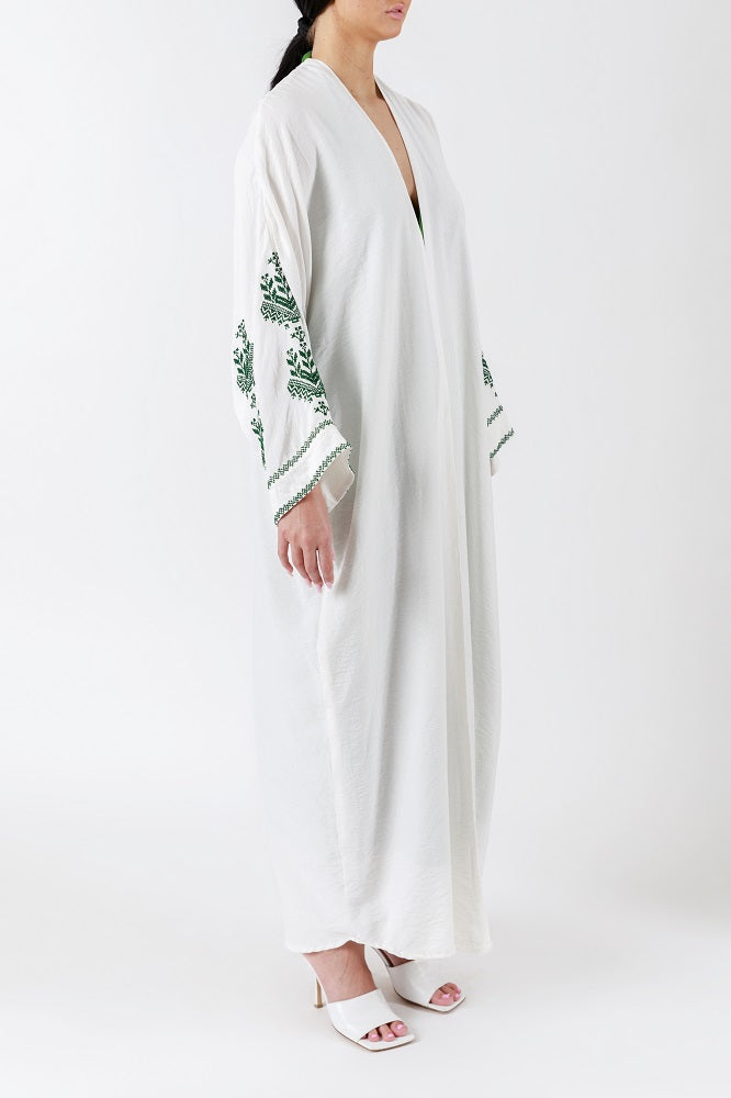 Handcrafted Green Cross Stitch Highlights Off-White Abaya JDA001