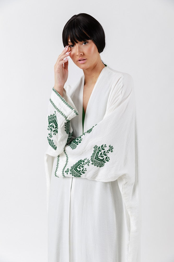 Handcrafted Green Cross Stitch Highlights Off-White Abaya JDA001