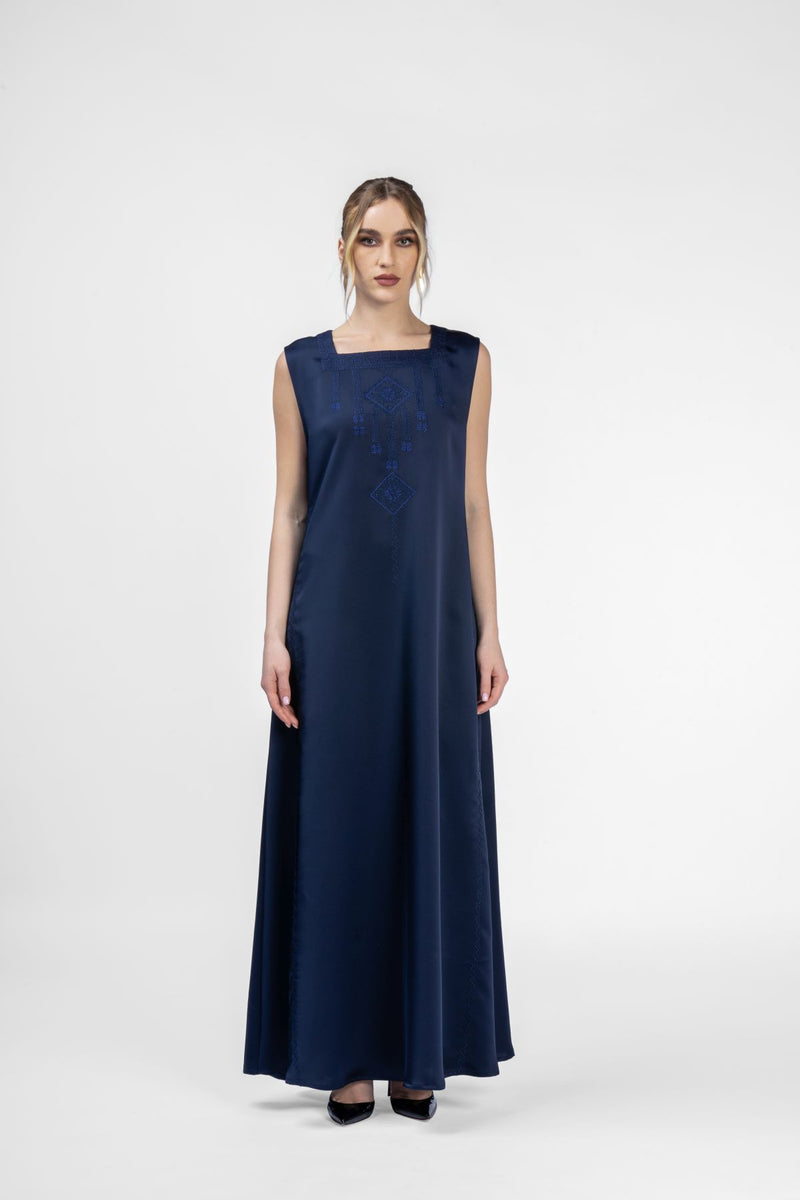 RMDT2401-DB Geometric Elegance Blue Crepe Silk Abaya