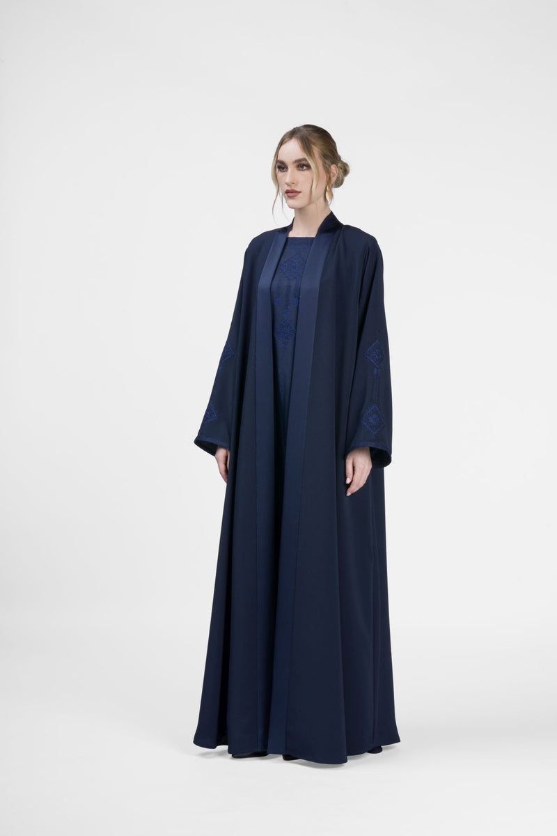 RMDT2401-DB Geometric Elegance Blue Crepe Silk Abaya