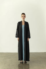 EAA2401 Elegant Black Abaya with Blue Overlay Inside