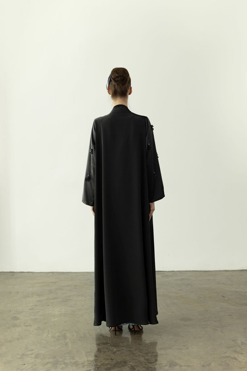 EAA2401 Elegant Black Abaya with Blue Overlay Inside