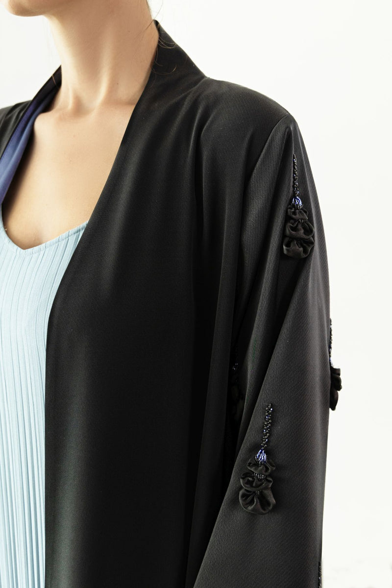 EAA2401 Elegant Black Abaya with Blue Overlay Inside