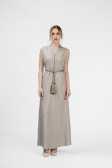 RMDM2401-BRN Sands Of Marrakech Tan Linen Abaya- Full set