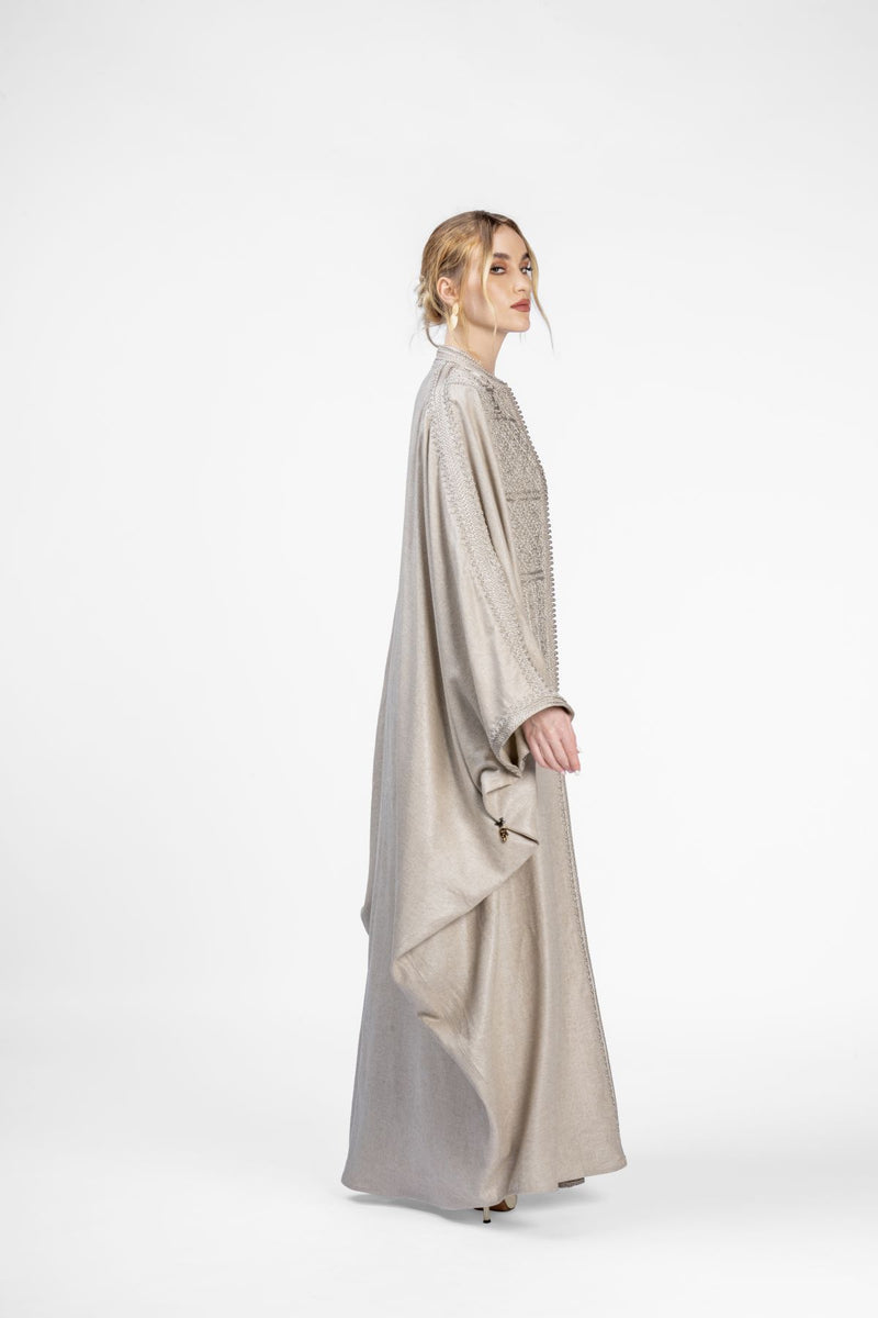 RMDM2401-BRN Sands Of Marrakech Tan Linen Abaya- Full set