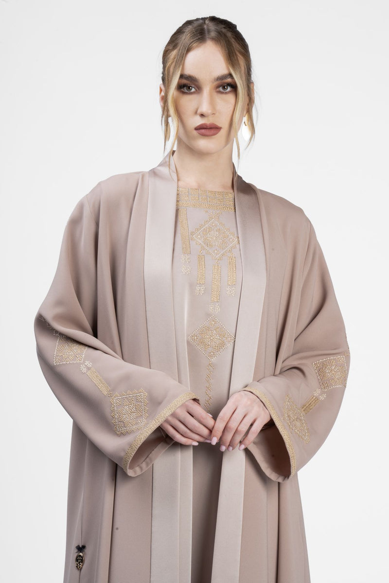 RMDT2401-BG Contemporary Chic Beige Crepe Silk Abaya