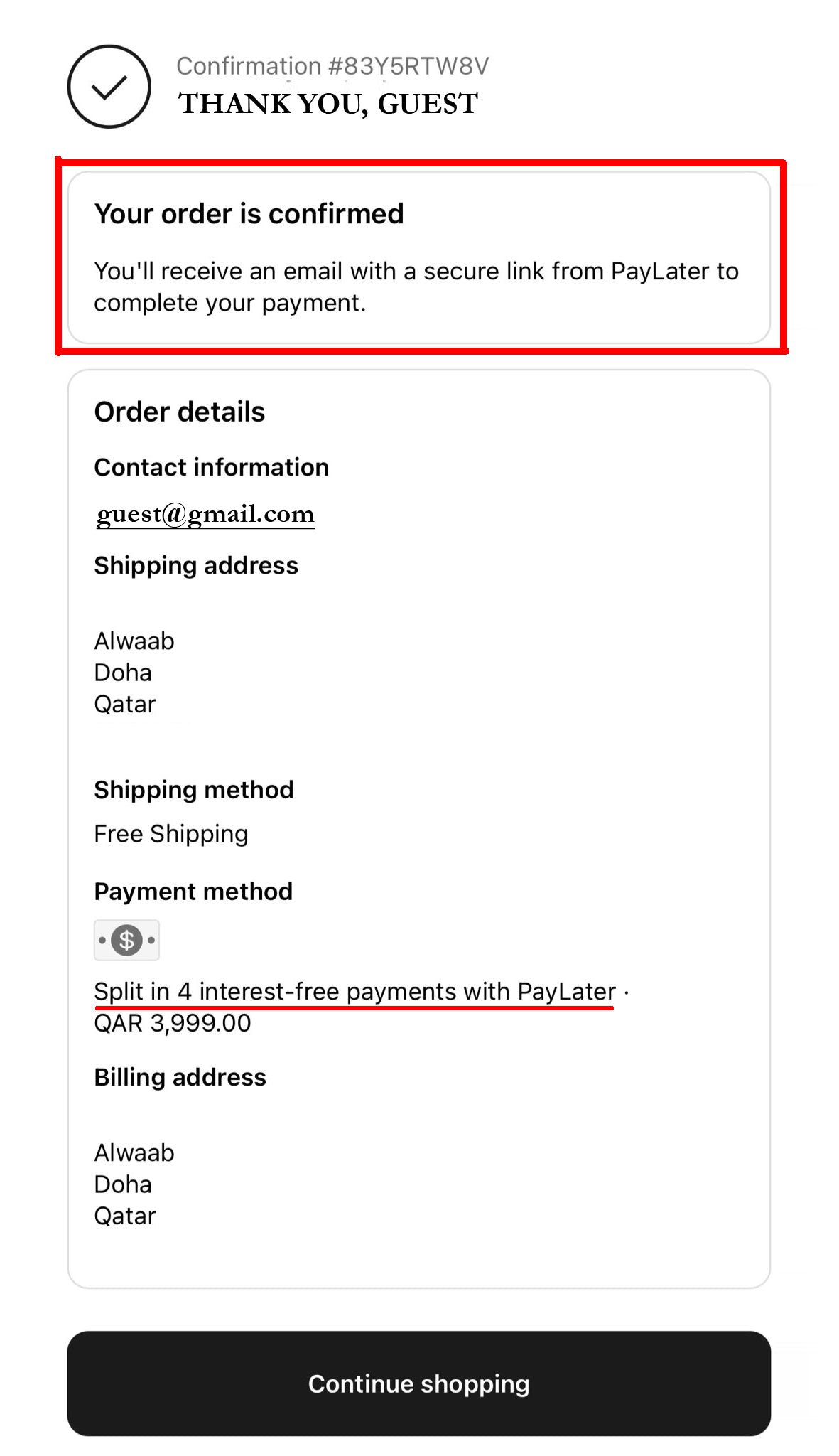 CONFIRM THE ORDER PAYMENT THROUGH EMAIL
