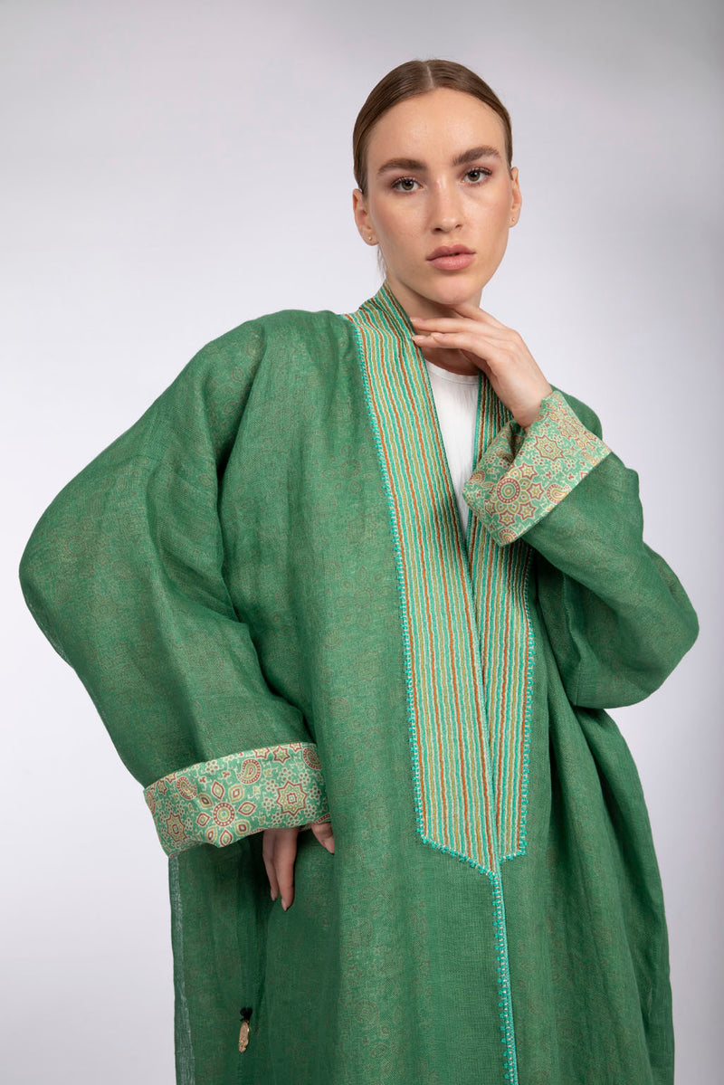 RMDSB2303 Green Mesh and Printed Georgette Kimono