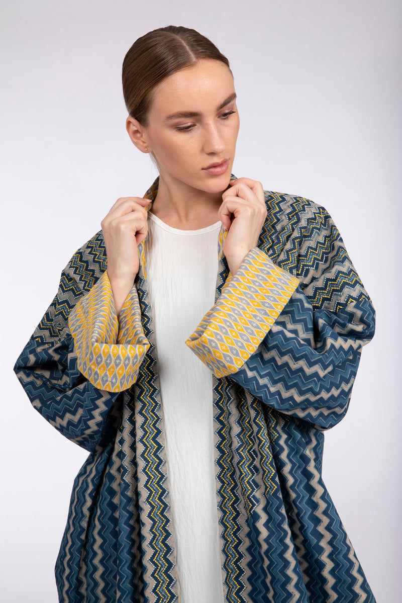 RMDPB2305 Blue and Yellow Print Cotton Kimono