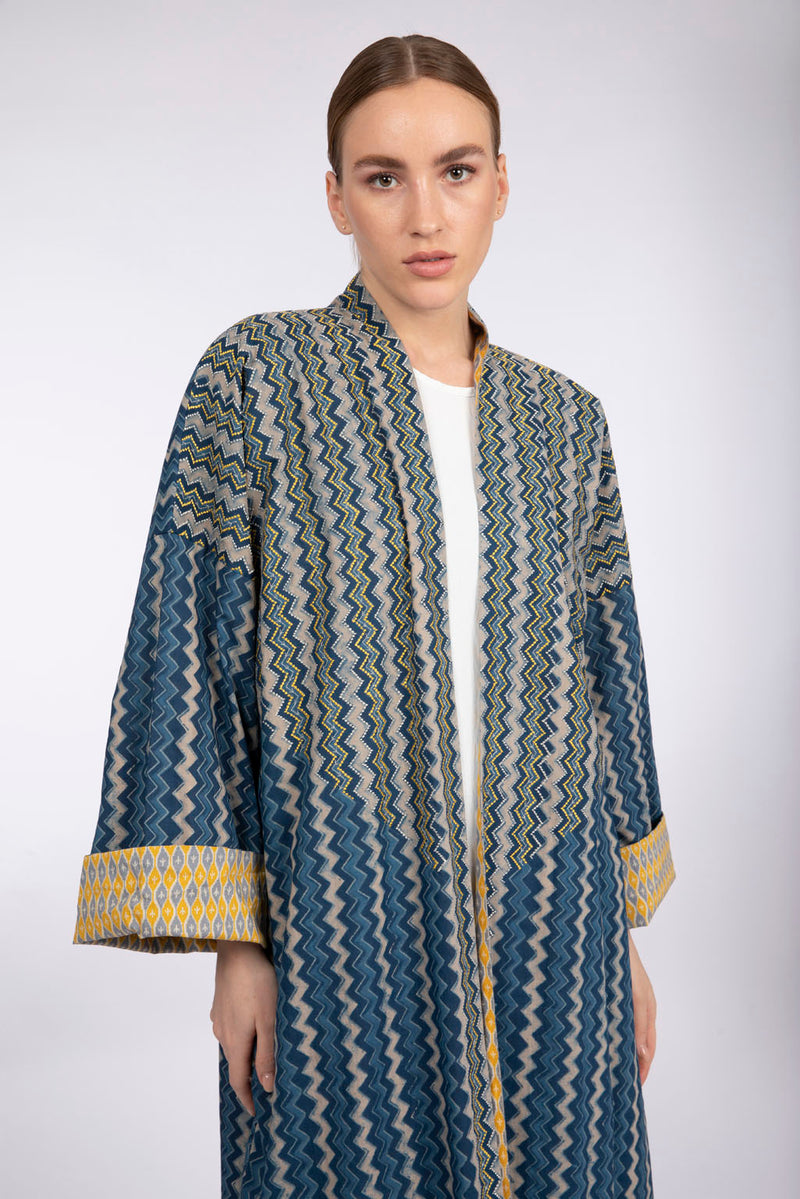 RMDPB2305 Blue and Yellow Print Cotton Kimono