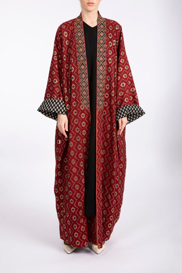 RMDPB2302 Maroon and Black Printed Cotton Kimono