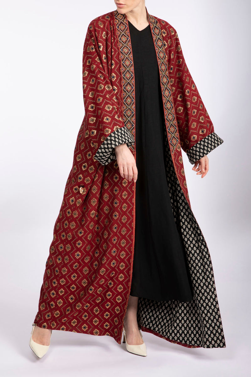 RMDPB2302 Maroon and Black Printed Cotton Kimono